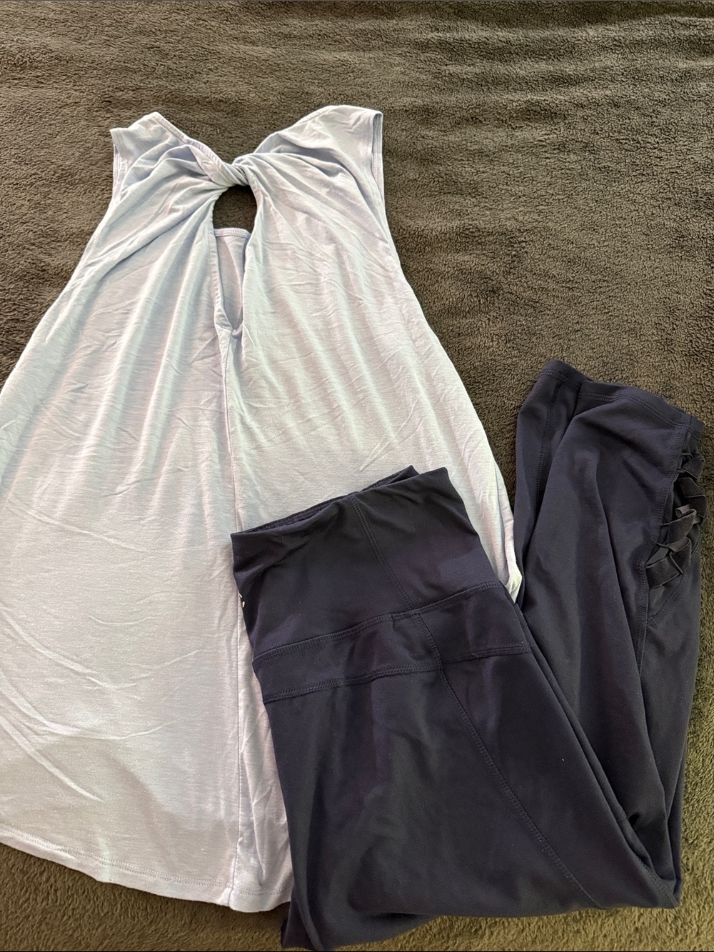Apana Light Blue Twist-Back Tank with Champion navy Leggings with cute velvet